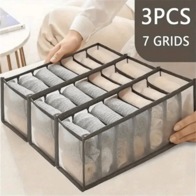 Bộ 3 hộp đựng đồ lót, tất, cà vạt bằng vải polyester 7 ô, ngăn kéo đựng đồ lót, tất, cà vạt, hộp đựng đồ vải cho thanh thiếu niên và người lớn