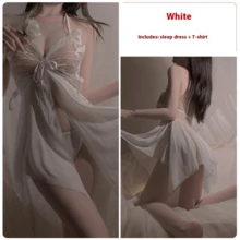 Adult Erotic Underwear Sexy Large Size Stimulation Hot Perspective Butterfly Lace-Up Mesh Seduction Neck Nightdress Uniform Set - trắng - Xem 1