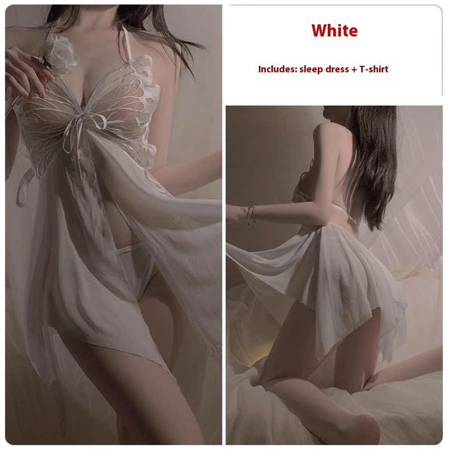 Adult Erotic Underwear Sexy Large Size Stimulation Hot Perspective Butterfly Lace-Up Mesh Seduction Neck Nightdress Uniform Set - trắng - Xem 1