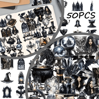 50pcs Transparent Magic Witch Stickers Dark Magic Horror Graffiti Decoration Scrapbook Note Book Diary Mobile Phone Computer Suitcase Water Bottle Halloween Decoration Gift