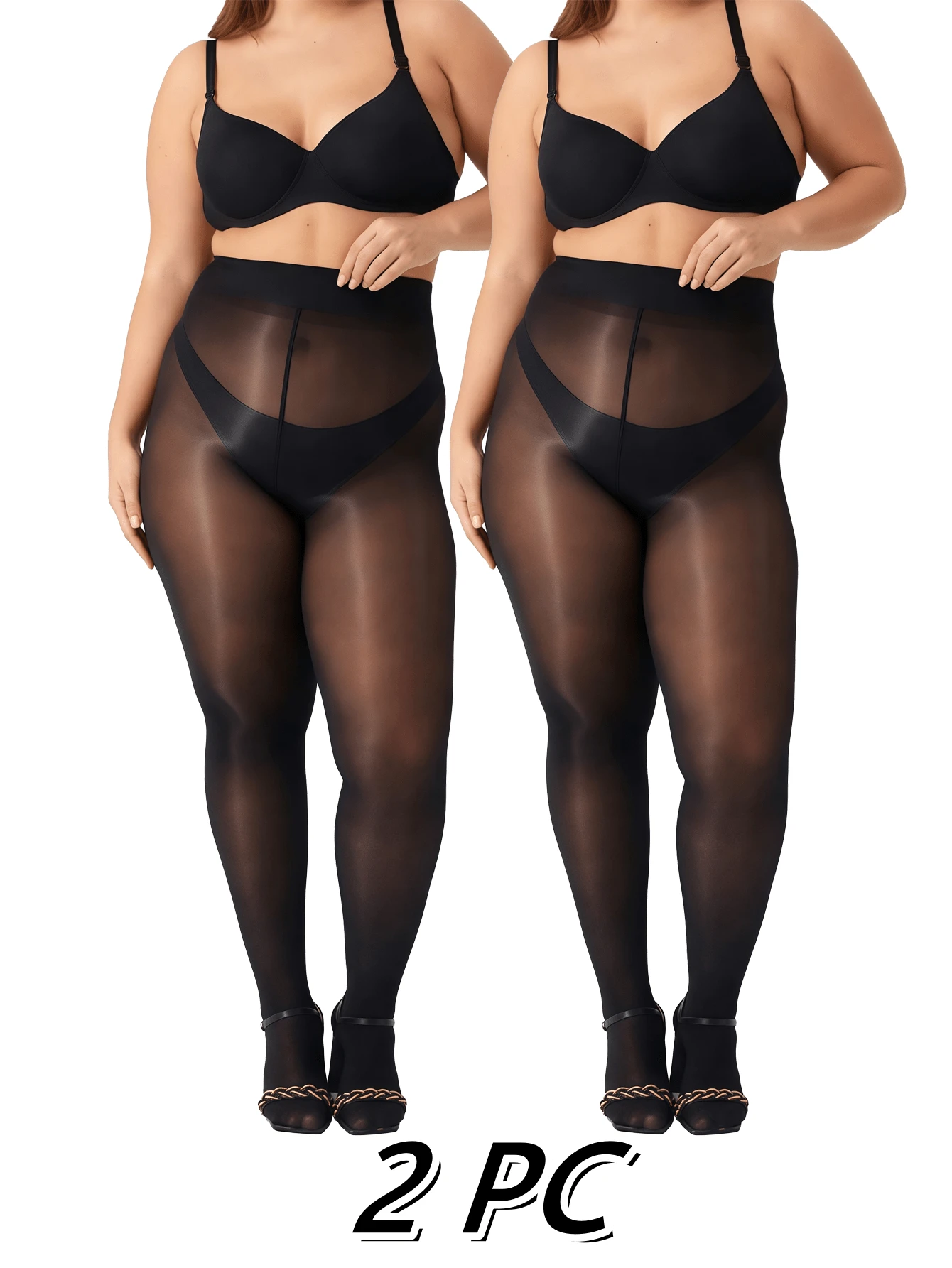 2 peças de leggings mágicas emagrecedoras 80D, meia-calça feminina plus size de alta elasticidade, meias sensuais microtransparentes, vestem até 136 kg, adequadas para o Natal - Preto - Ver 1