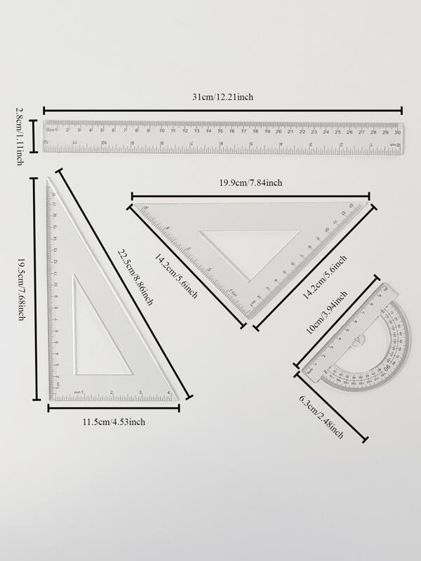 1PC Math Tool Set Plastic Transparent Ruler Geometry Set (12-Inch Ruler 2pcs Triangle Ruler And Protractor) Is Very Suitable For School, Office And Home Use.,For School Supplies,Back To School
