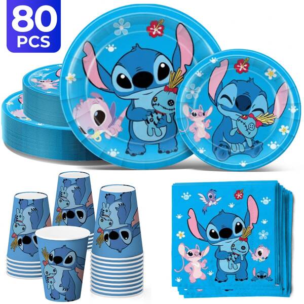 Disney Juego de 80 piezas de vajilla desechable con temática de Disney Stitch, que incluye 20 vasos de papel, 20 platos de papel de 7 pulgadas, 20 platos de papel de 9 pulgadas y 20 servilletas, perfecto para camping, barbacoas en el patio, picnics, bodas, fiestas y cumpleaños, adecuado para decoraciones de fiestas, decoraciones del hogar, decoraciones de cumpleaños, decoraciones de fiesta de cumpleaños, temporada de regreso a la escuela, suministros para fiestas, decoraciones imprescindibles para fiestas para fans de Disney