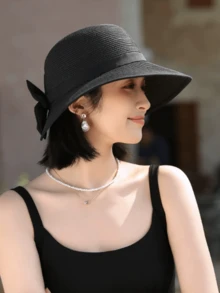 1 件女士夏季遮阳帽，时尚简约宽边帽，百搭蝴蝶结设计，适合夏季防晒，款式随机带抽绳