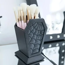 Gothic Coffin-Shaped Spider Web Makeup Brush Holder - Lightweight Plastic Desktop Organizer, Suitable For Vanity Or Office Decor