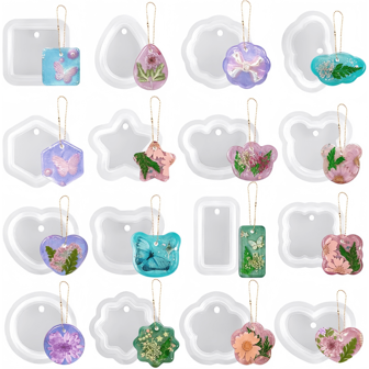 16 件带孔几何吊坠硅胶模具，珠宝 UV 树脂模具，环氧树脂项链钥匙扣模具，女孩个性化魅力吊坠模具，适合各种场合的多功能设计，创意母亲节礼物