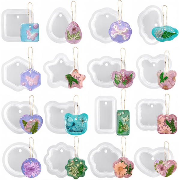 16pcs Assorted Geometric Pendant Silicone Molds With Hole, Jewelry UV Resin Molds, Epoxy Resin Necklace Keychain Molds, Personalized Charm Pendant Molds For Girls, Versatile Designs For Various Occasions, Creative Mother's Day Gift