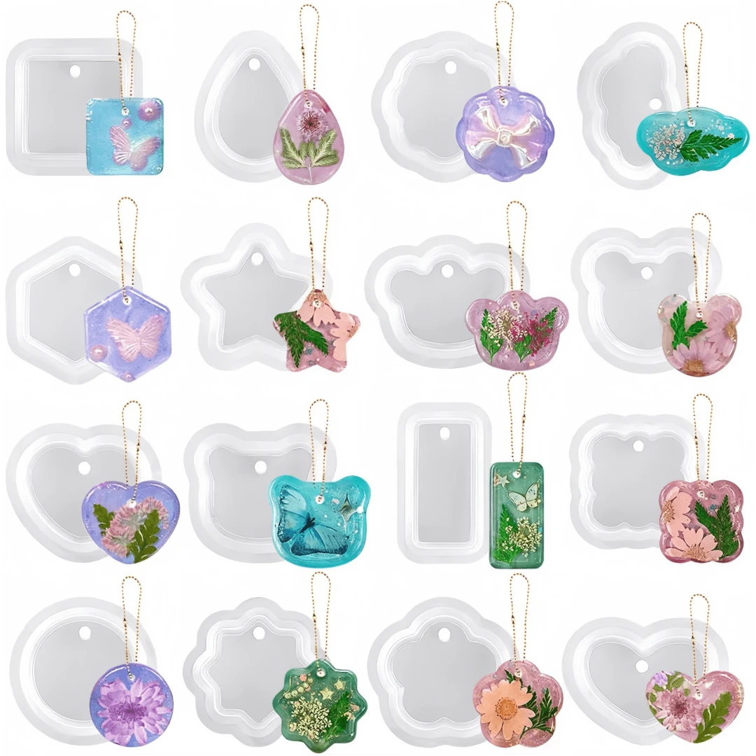 16 Stücke sortierte geometrische Anhänger Silikonformen mit Loch, Schmuck UV Harz Formen, Epoxidharz Halskette Schlüsselanhänger Formen für Mädchen, personalisierte Charm Anhänger Formen mit vielseitigen Designs für verschiedene Anlässe, kreatives Muttertagsgeschenk - 16 Stück - Übersicht 1