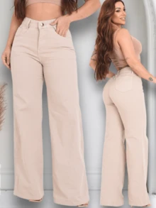 Women's Wide Leg Jeans, High-Rise, 100% Premium Cotton, Wide Leg, Marbled Blogger - 米色 - 查看 1