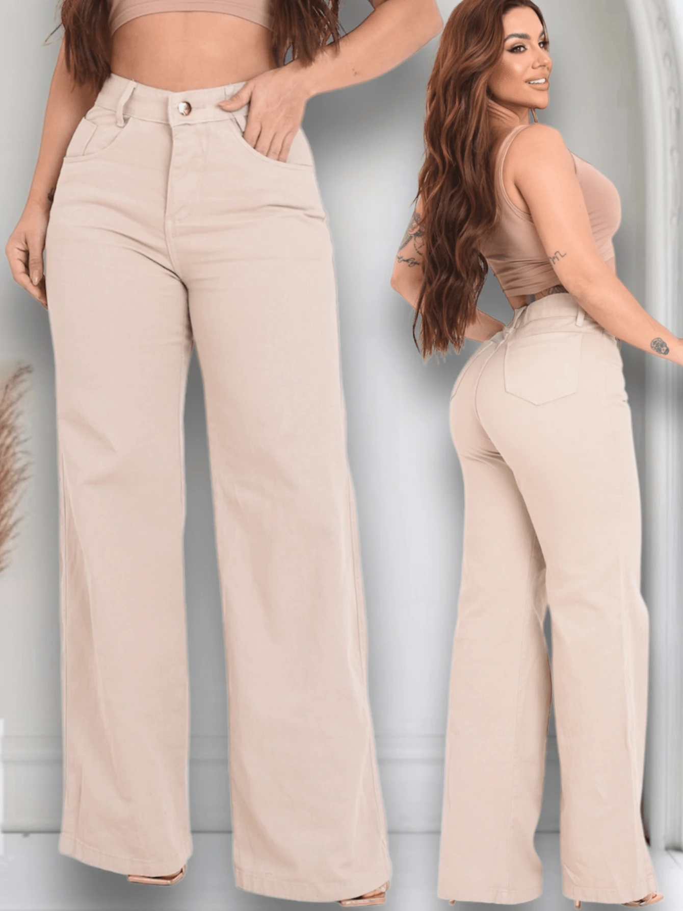 Women's Wide Leg Jeans, High-Rise, 100% Premium Cotton, Wide Leg, Marbled Blogger - 米色 - 查看 1