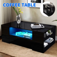 Coffee Table With Storage 2 Drawer High Gloss Wooden Living Room RGB LED Lights Black - Black - View 4