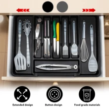 Cutlery Drawer Organiser, Extendable Cutlery Tray, 8Compartments, Kitchen Storage Adjustable Dividers Plastic For Utensil Spoons Forks Knives, - 黑色 - 查看 6