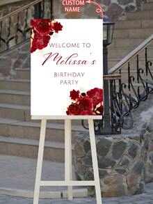 1pc 2025 Personalized Editable Red And Gold Flower Birthday Welcome Sign Customized (50*70cm), Red And Gold Rose Birthday Welcome Sign, Personalized Flower Birthday Party Welcome Poster, Birthday Welcome Poster Welcome Sign, Customized Birthday Party Poster, Personalized Outdoor Wedding Banner, Unplugged Wedding Welcome Sign, Multiple Sizes To Choose From - Multicolor 1 - View 1