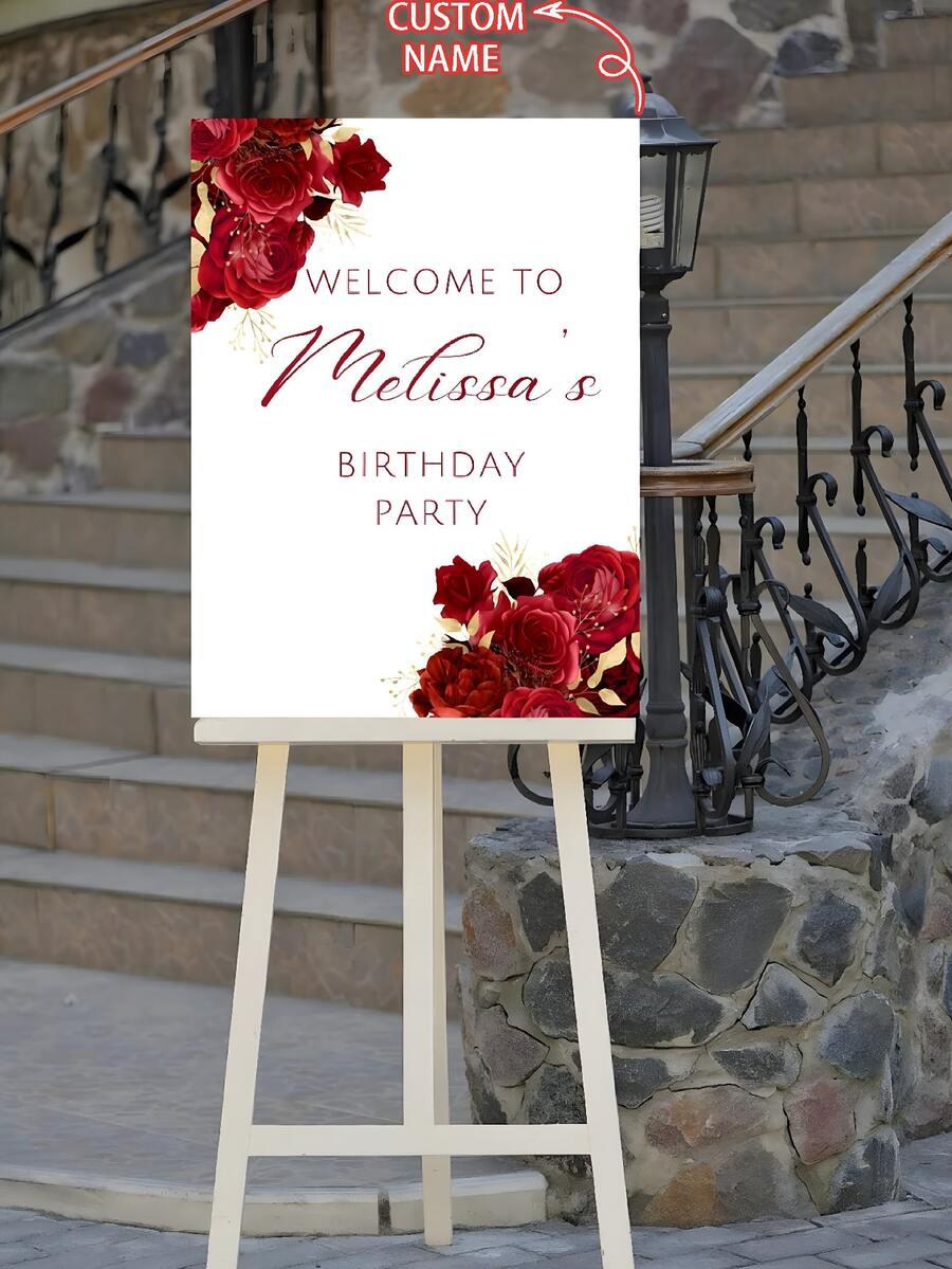 1pc 2025 Personalized Editable Red And Gold Flower Birthday Welcome Sign Customized (50*70cm), Red And Gold Rose Birthday Welcome Sign, Personalized Flower Birthday Party Welcome Poster, Birthday Welcome Poster Welcome Sign, Customized Birthday Party Poster, Personalized Outdoor Wedding Banner, Unplugged Wedding Welcome Sign, Multiple Sizes To Choose From - Multicolor 1 - View 1