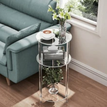 1 套透明圆形亚克力边桌，2/3 层现代小咖啡桌床头柜，适用于客厅、卧室和浴室，简约 - 透明 - 查看 2