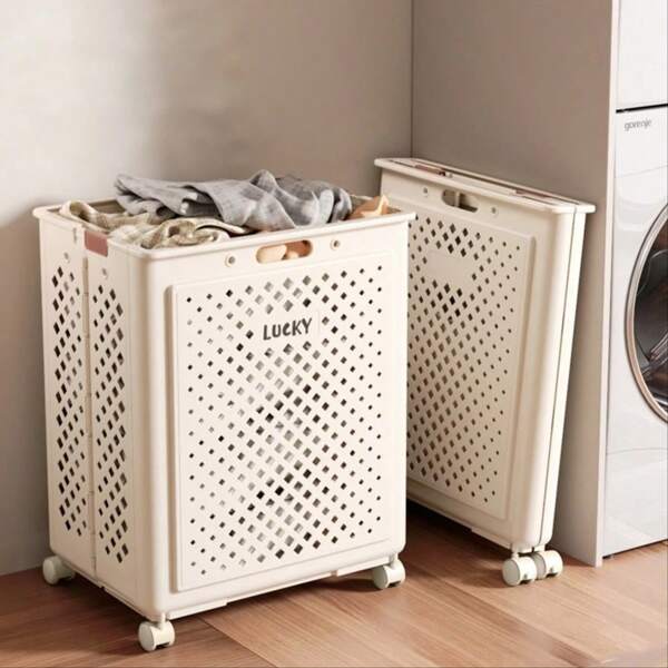 Minimalist White Foldable Laundry Basket, Large Capacity, Waterproof, Bathroom Storage Organizer. Silent Wheels, Smooth Rolling Casters. Soft Oatmeal Color