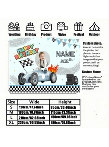1pc Customized Birthday Background With Racing Car Theme, Vintage Blue And Black Two Fast & Curious Flags, Party Decoration Celebration, With Hieroglyphic Flags And Balloon Icons, Multiple Sizes Available - Multicolor - View 3