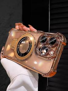 奢华电镀透明金色手机壳，带指环支架和磁吸支架，硅胶防震软壳，防摔防震，兼容 16/16e/16 Pro/16 Pro Max/16 Plus/15/14/13/12/11/X/XS/XR/8/7 和 Galaxy S25/S24/S23/S22/S21/A55/A54/A53/A52/A35/A34/A23/A16/A15/A14/A13/A12/A05S/FE/Ultra/4G/5G，以及 Redmi/Honor/MOTO/OPPO/Infinix 等手机。 - 金色 - 查看 5