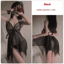 Adult Erotic Underwear Sexy Large Size Stimulation Hot Perspective Butterfly Lace-Up Mesh Seduction Neck Nightdress Uniform Set - màu đen - Xem 1