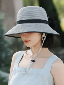 1 件女士夏季遮阳帽，时尚简约宽边帽，百搭蝴蝶结设计，适合夏季防晒，款式随机带抽绳