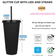 5 Pack 24 Oz Plastic Tumblers With Lids And Straw, Reusable Discolor Cups,Glitter Plastic Cups For Cold Drink Iced Coffee, Adults And Children Parties Birthday Slumber Party Supplies - Đen 5 GÓI - Xem 2