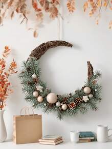 1个新月形葡萄藤花环，适合斋月DIY装饰，木质藤蔓圆形花环，春季花环，饰以人造枫叶、丰收南瓜和松果，适合感恩节、壁炉、窗户、生日派对、家居墙面装饰、情人节、毕业礼物