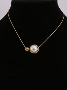 1pc European And American Style Stainless Steel Necklace With Shiny Faux Pearl Pendant, Suitable For Women's Daily Wear