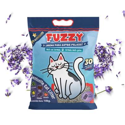 Arena para Gatos Premium Fuzzy Bentonita Sin Polvo Control de Olores Aroma Lavanda Grumos Fuertes Absorbente Natural 10kg Arenero Limpieza Mascotas Gato Casa Fragancia Suave