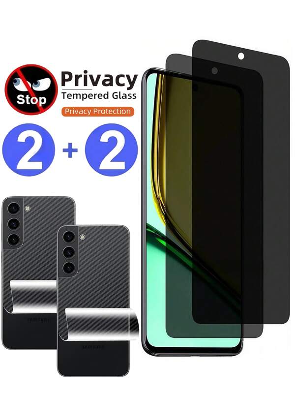 2Pcs Privacy Screen Protector For Compatible With Samsung Galaxy S25 Ultra A16 A26 A36 A06 A56/Compatible With IPhone 16 Pro Max/Redmi Note 13 14/Compatible With Xiaomi/Honor Anti-Spy Tempered Glass HD Clear, Bubble-Free 9H Anti-Scratch, Easy Install Anti Peeping Office & Travel Essential Explosion-Proof Mobile Screen Protector Film With 2pcs Carbon Fiber Back Soft Film