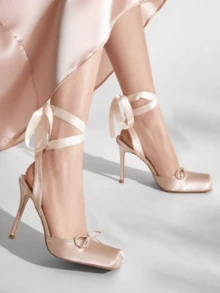 Ballet Mary Janes Nude High Heels For Women Square Toe Satin Lace Up Ballerina Stiletto Heels With Bow Elegant Wedding Party Slingback Pump Heels For Women  - 裸色 - 查看 7