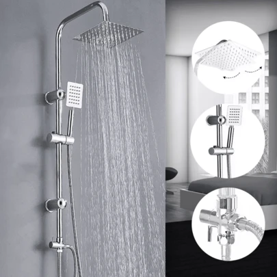 Large Shower Kit Twin Head Waterfall Chrome Adjust Riser Rail Chrome Square Set Silver