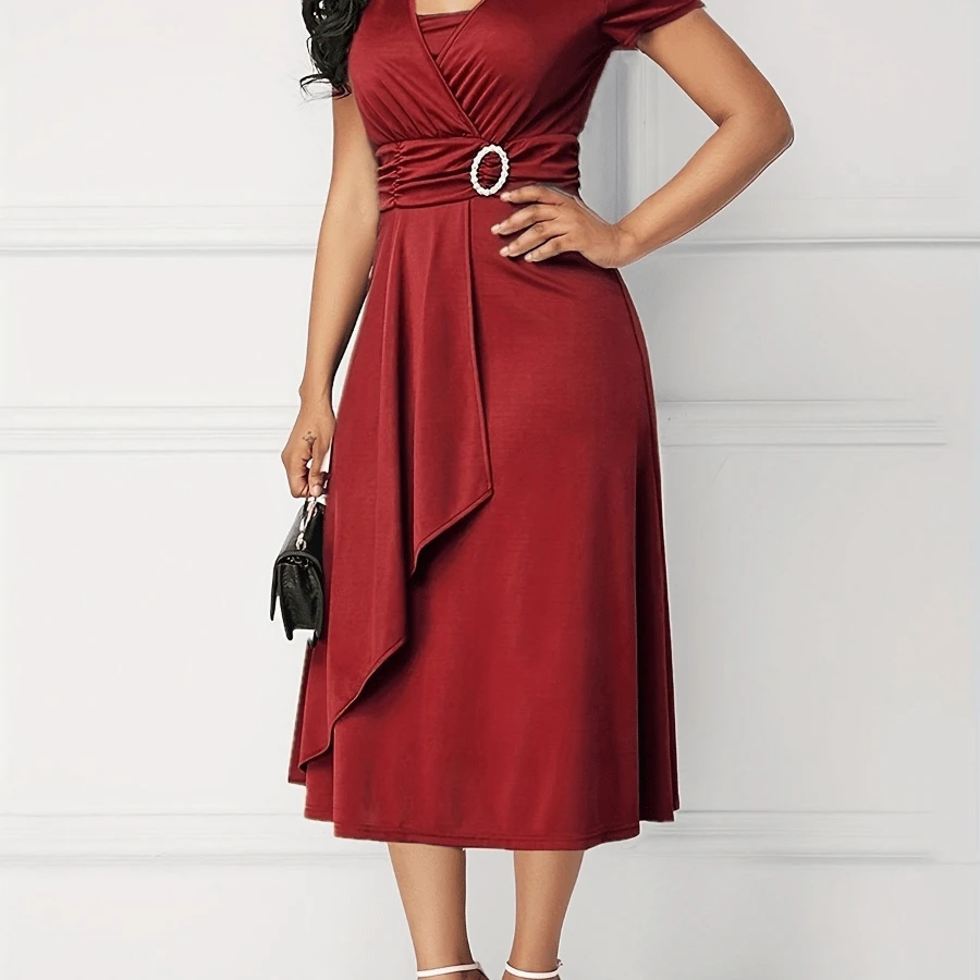 Elegant Plus Size Casual Midi Dress - V-Neckline, Short Sleeves, Solid Color, Slight Stretch, Knit Fabric, Asymmetrical Skirt, Perfect For Spring/Fall Weekend Wear, Women's Chic Relaxed Fit Fashion - Đỏ - Xem 1