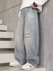 Boys' New Ripped Jeans, Teens' Casual Loose Fit Washed Straight Leg Jeans, Versatile All Season Pants - Light Wash - View 1