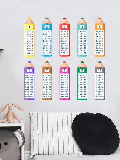 1 miếng dán tường PVC tự dính 30*120cm, bút chì hoạt hình, bảng cửu chương, miếng dán tường giáo dục sớm, trang trí tường nhà, trang trí phòng học