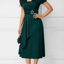 Elegant Plus Size Casual Midi Dress - V-Neckline, Short Sleeves, Solid Color, Slight Stretch, Knit Fabric, Asymmetrical Skirt, Perfect For Spring/Fall Weekend Wear, Women's Chic Relaxed Fit Fashion - 綠色 - 查看 1