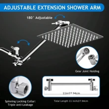Shower Head Combo,8inch/10 Inch High Pressure Rain Shower Head With 11 Inch Adjustable Extension Arm And 5 Settings Handheld Powerful Shower Spray Against Low Pressure Water - Silver - View 4