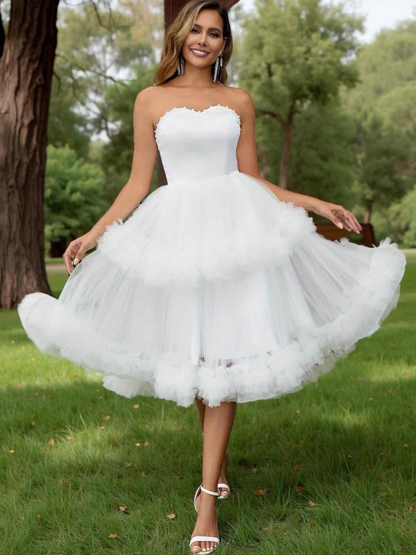 YUMIBRAVO Robes blanches élégantes pour femmes - robe de mariée bustier, robe de mariée en tulle, robe de mariée, robe de cocktail, robes pour femmes pour occasions, robes de fête pour femmes, robe d'anniversaire