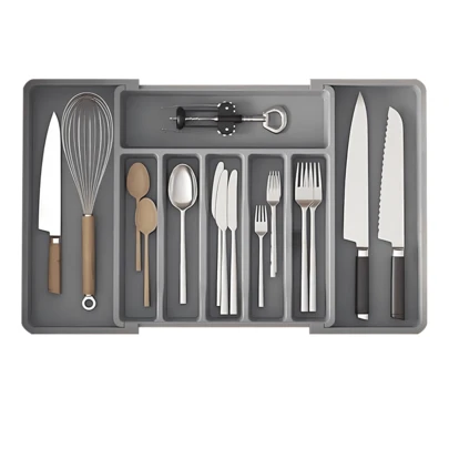 Cutlery Drawer Organiser, Extendable Cutlery Tray, 8Compartments, Kitchen Storage Adjustable Dividers Plastic For Utensil Spoons Forks Knives,