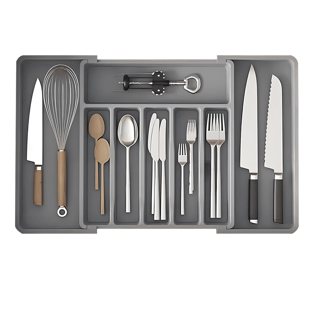 Cutlery Drawer Organiser, Extendable Cutlery Tray, 8Compartments, Kitchen Storage Adjustable Dividers Plastic For Utensil Spoons Forks Knives, - Grey - View 1