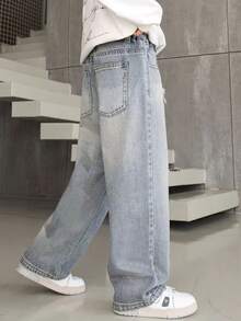 Boys' New Ripped Jeans, Teens' Casual Loose Fit Washed Straight Leg Jeans, Versatile All Season Pants - Light Wash - View 4