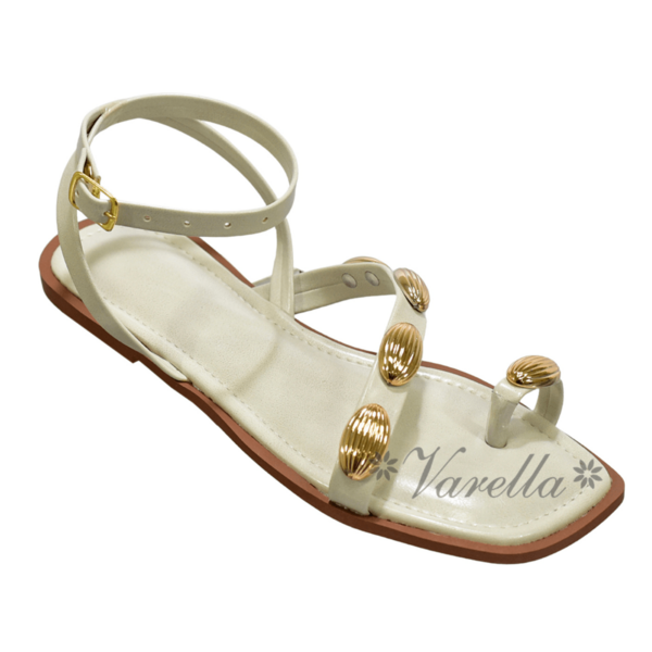 Sandália Feminina Flat De Napa Madrid Rasteirinha Casual Com Peças Dourada rebites lesma Sandália com Anel de Dedo