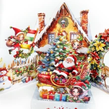 圣诞立体贺卡，圣诞老人送礼物，圣诞精灵图案可爱，适合任何人，附信封