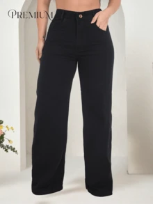 Women's Wide Leg Jeans, High-Rise, 100% Premium Cotton, Wide Leg, Marbled Blogger - 黑色 - 查看 5