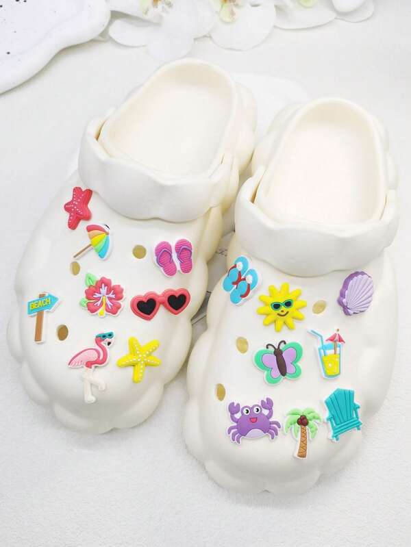 16PCS PVC Summer Series Flip Flops Starfish Decor Shoe Charms Set, PVC Shoe Decorations For Beach Bag, Shoe Accessories Charms, Gift Idea For Birthday Christmas Valentine's Day Halloween Party Favors