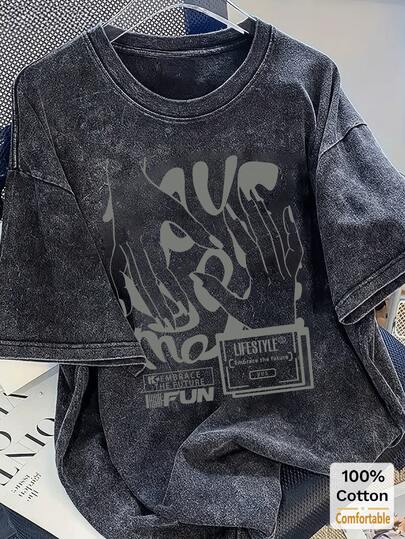 Oversized Vintage Black Graphic Tee, Loose Fit & Slimming Design, Fashionable American Style Casual Summer