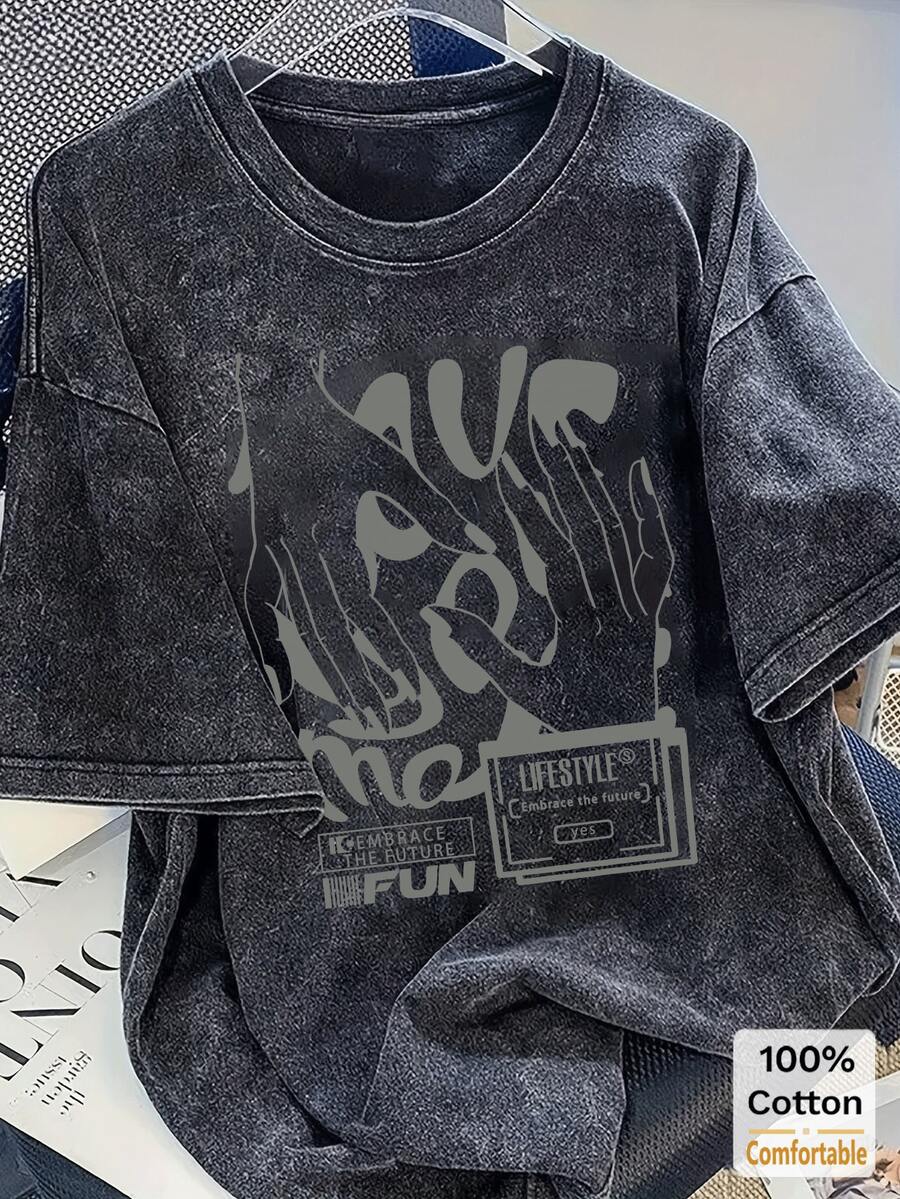 Kaos Grafis Hitam Vintage Ukuran Besar, Potongan Longgar & Desain Melangsingkan, Gaya Amerika Modis Kasual Musim Panas - Hitam - View 1
