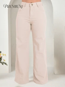 Women's Wide Leg Jeans, High-Rise, 100% Premium Cotton, Wide Leg, Marbled Blogger - 米色 - 查看 5
