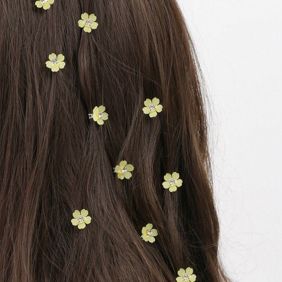 10 件装水钻花朵发夹，适合海滩和夏季，女孩发饰，爪夹，发夹，发夹，发夹，狂欢配饰 - 黃色 - 查看 1