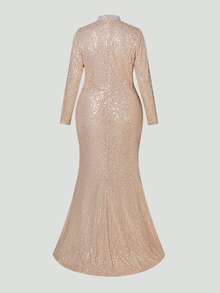 Faeriesty Curve Plus Elegant Sequin Evening Gown With Long-Sleeve Mermaid Silhouette & Dramatic Side High Slit – Sophisticated Pearls Details For Luxury Academic Galas, Heritage Estate Banquets & Red Carpet Events - Champagne - View 10