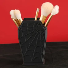 Gothic Coffin-Shaped Spider Web Makeup Brush Holder - Lightweight Plastic Desktop Organizer, Suitable For Vanity Or Office Decor